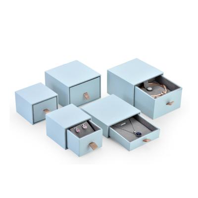 China Jewelry Packaging Boxes Drawer Firm Jewelry Packaging Ring Earring Bracelet Blue Boxes Come With Velvet Lining for sale