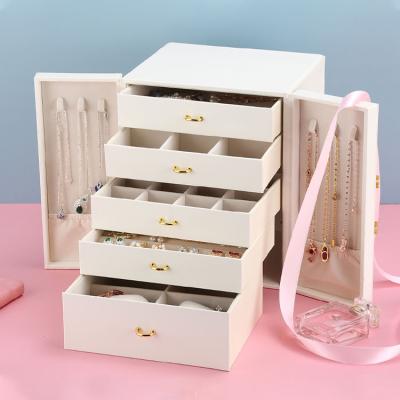 China Jewelry Packaging Large Capacity Double Multilayer Open Leather Jewelry Box Earrings Necklace Jewelry Storage Box for sale