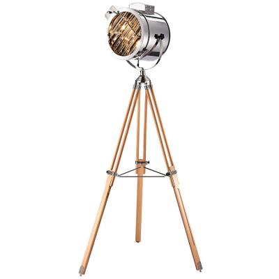 China Industrial Iwork Lighting Vintage Industrial Antique Natural Wood Color Adjusted Height E27 Tripod Floor Lamp for sale