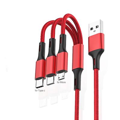 China 2022 Hot Selling Mobile Phone 1.2M 3 In 1 Micro USB Type C Charger Cable Multi Usb Nylon Braid Left Charging Cable For Iphone Samsung Huawei for sale