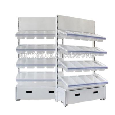 China Double Sided Supermarket Snack Stand Candy Display Stand With Plastic Trays for sale