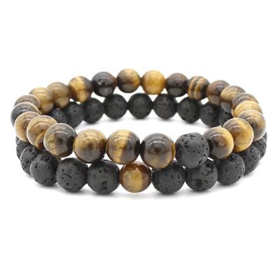 China Classic 8mm Gemstone Black Lava Stone Bead And Tiger Eye Bracelet Couples Unisex Jewelry for sale