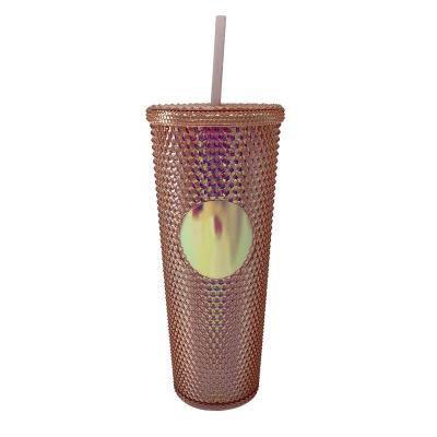 China Modern Custom Reusable 710ml Diamond Durian Cup Matte Drink Coffee Mug Double Wall Studded Plastic Tumbler With Straw for sale