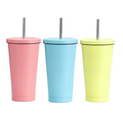 China PORTABLE 500ml Double Wall 18/8 Stainless Steel Travel Mug With Straw Custom Logo Vacuum Coffee Drinkware Cups for sale