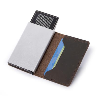 China Hot Sale Vintage Business Crazy Horse Cow Leather Credit Card Holder Factory Minimalist Thin Aluminum Metal RFID Blocking Wallet For Men for sale