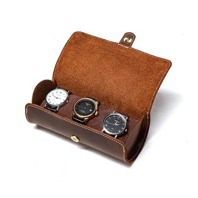 China Wholesale Genuine Leather Luxury Genuine Leather Mens Watch Travel Case 3 Slots Mobile Pocket Custom Logo Gift Roll Box Watch Storage for sale