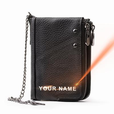 China RFID Drop Shipping Genuine Real Cow Biker Rfid Block Leather Wallet Logo Luxury Branded Chain Wallet Custom Made For Men for sale