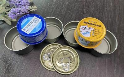 China Easy Open Lid Round Tin Containers D65*34mm Size 80g Pet Food Can Blue Yellow zu verkaufen