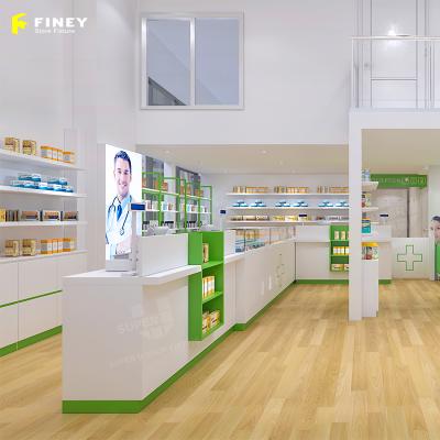 China Pharmacy Wood Retail Store Interior Design Customized Pharmacy Store Display Gondola Showcase Counter Furniture For Store Decoration for sale