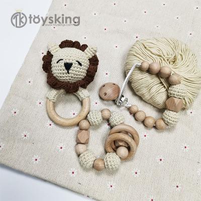 China Gifts Toy Wood Ring Baby Wooden Newborn Baby Teeth Crochet Round Hand Crochet Dangle Doll Knitted Doll Crochet Cartoon Doll Lion for sale