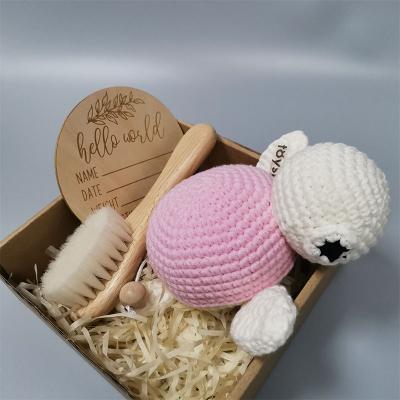 China Baby Gifts TK Newborn Baby Gift Set Handworked Crochet Turtle Pull String Music Toy with Beech Wood Brush/Keepsake Card for sale