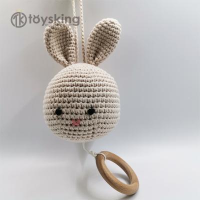 China Milk Cotton TK Wholesale Kawaii Baby Stuffed Crochet Animal Ratchet 100% Handmade Knitted Ring Rattle Pull String Music Toys for sale