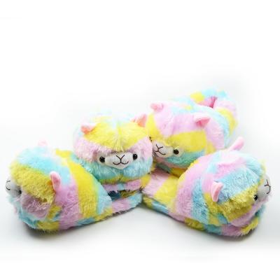 China Rainbow Color Sheep Fur Fluffy Fantastic Antiskid Alpaca Shaped Slippers for sale