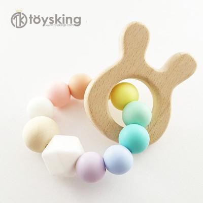 China Baby Gifts High Quality Nordic Style Silicone Bubble Beans With Pastel Beech Wooden Teether Rabbit Easter Teether Gifts For Babies for sale