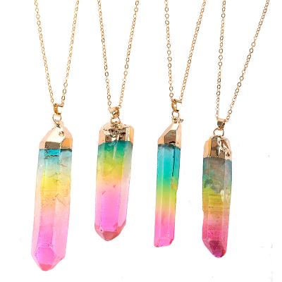 China Best-selling Hiphop Women's Quartz Stone Colorful Stone Necklace Natural Cylinder Chain Necklace With Gold Edge Pendant Necklace for sale