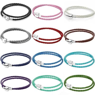 China FASHIONABLE Original Genuine Leather Circular Jewelry Fit Pandora925 Sterling Silver Bangle Bead Charm DIY Ball Clasp Snake Chain Bracelet for sale