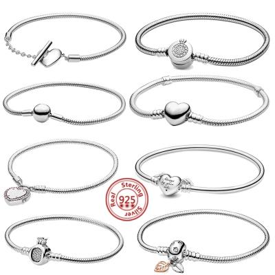 China 2021New Brand Love Fashionable 925 Original Silver Crown Bracelet Snake Chain Bracelet Heart Charms For Women Girls DIY Jewelry for sale