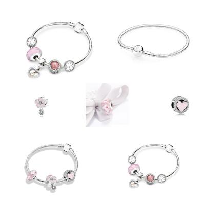 China CLASSIC Original 925 Sterling Silver Bracelet Set Flower Fashion DIY Charm Snake Bone Chain Pink Sterling Silver Valentine's Day Gift for sale