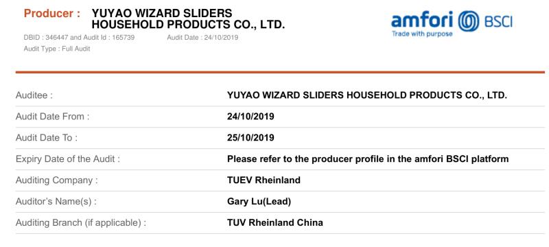 BSCI - Wizard Sliders (Yuyao) Co., Ltd.