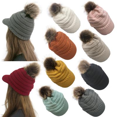 China JOINT Women's Soft Warm Cable Ribbed Knit Visor Overflow Fuzzy Fur Pom Pom Beanie Chunky Ski Cap for sale