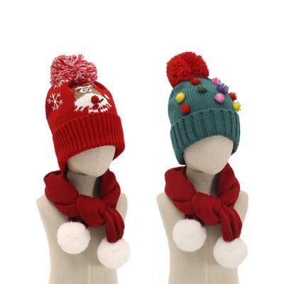 China COMMON Christmas 2021 Santa Knitted Beanie Cap Hat and Scarf Set for Kids Christmas Gift Winter Warm Hat for sale