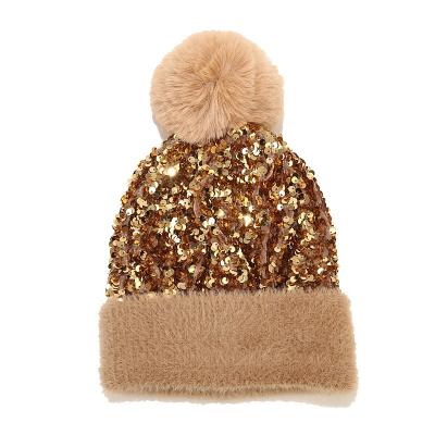 China New COMMON Winter 7 Color Sequin Beanie Hat Fur Ball Pom Pom Woolen Yarn Ski Cap Warm Hat For Women for sale