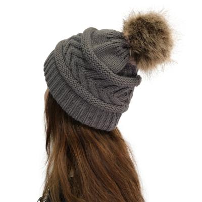 China OEM Amazon COMMON 2021 New Winter Knitted Hat With Detachable Warm Fuzzy Pom Pom Women's Beanie Hats for sale