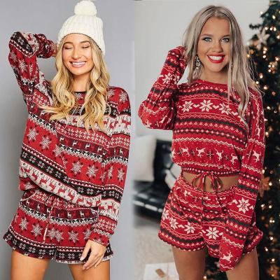 China Breathable Christmas Pajamas Sets For Women Long Sleeve Christmas Reindeer Striped Pajamas With Short Pants Striped Sleepwear Holiday Homewear for sale