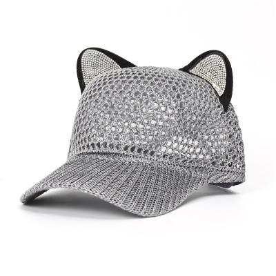 China COMMON 2021 Summer New Cat Ears Adjustable Baseball Cap Sun Hat Rhinestone Mesh Baseball Cap With Studded for sale