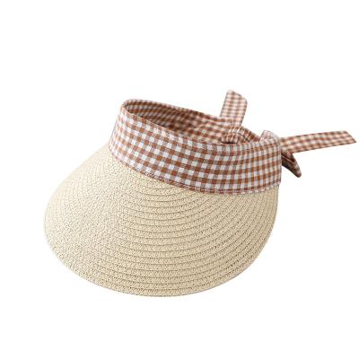 China Straw Sun Hat With Back Bowknot Brim Beach Wide Straw Visors Sun Visor Hat Popular Kids Soft Girls for sale