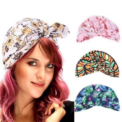 China New Arrival Popular Rabbit Ear Tied Turban Hat Pre-Tied Beanie Cap Printing Elastic Turban Sleep Bonnet For Women for sale