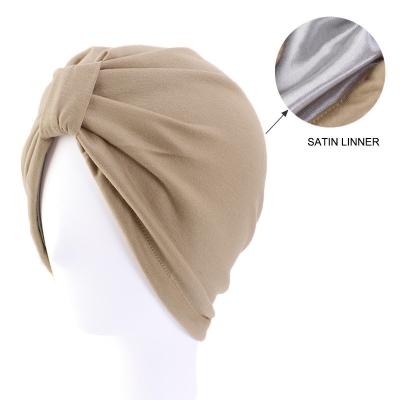 China Amazon Popular Hot Selling Satin Coating Turban Hat Knotted Soft Elastic Turban Hats For Women With Cancer for sale