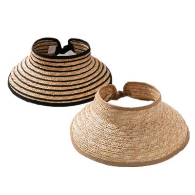 China Striped Fashion Striped Wide Brim True Straw Hats Sun Protection Hat Top Empty Straw Visor Caps For Women for sale