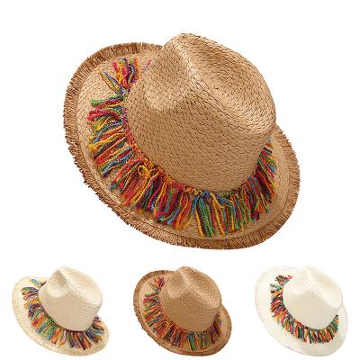 China Bohemian Style Fedora Straw Hat With Tassels Mommy and Me Character Wide Brim Beach Summer Sun Hat for Women and Kids for sale