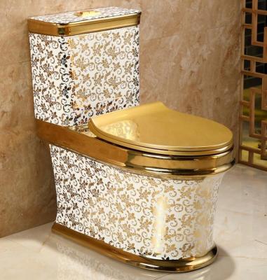 China Modern Luxury Bathroom Ceramic One Piece Flush Toilet Gold Pattern Gold Lavatory for sale