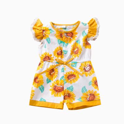 China 100% Cotton Sunflower Printed Clothing Girls Floral Jumpsuits Fall Ruffle Baby Romper Cotton Summer Baby Clothes Hot Sale Girl for sale