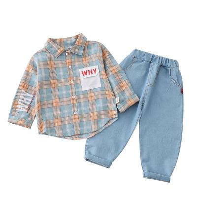 China Other New Style Long Sleeve Boys Casual Shirt Clothing Sets Turn Down Collar Plaid Kids 2 Piece Clothing Sets for sale