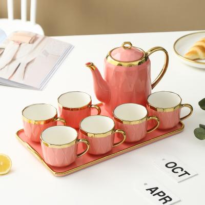 China Viable Luxury 6 PCs Teapot and Tray Coffee Tea Mug Set Glossy Dark Pink Ceramic Mug Set with Gold Trim Decor Gift Box Package for sale