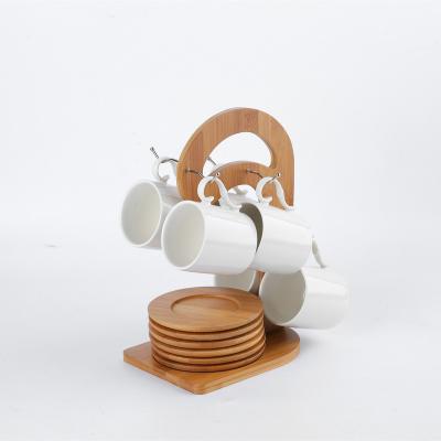 China Customized Viable White Coffee Water 6 Ceramic Cups With Bamboo Holder And 6 Saucers For Kitchenware for sale