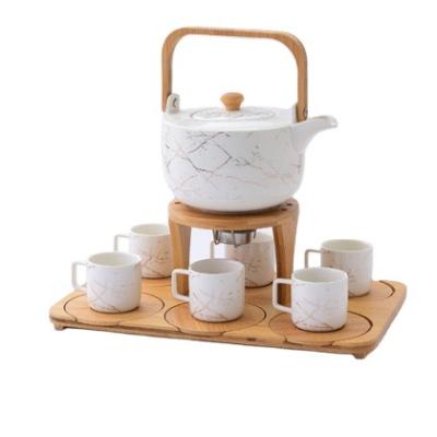 China High and marble design sustainable popular ceramic teapot set with cup 6 pieces set with bamboo base water pot Chaozhou factory for sale