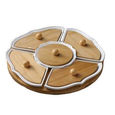 China Sustainable Lucky Leaf Ceramic Snack Dish Divided Dishes With Bamboo Lid And Bamboo Dish For Party Gathering for sale