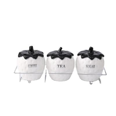 China 7 Pcs Sustainable Kitchen Canister Sets Ceramic Jars With Metal Rack For Storage Tea Coffee Sugar Porcelain Storage Canister With Lid for sale