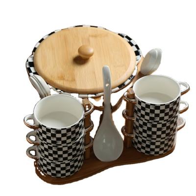 China Factory Direct Viable Arabic Soup Pot Large Capacity Ceramic Soup Set and Bowl Set with Wood Base Porcelain Cookware Set for sale