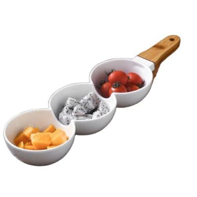 China Sustainable Wholesale Hot Ceramic Serveware Snack Appetizer Set Serving Dishes Tray With Wooden Bamboo Handle for sale