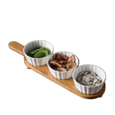 China Sustainable Ceramic Bowl Set Removable Bamboo Fruit Bowl For Snack/Fruit/Sushi/BBQ/Side Dish Cupboard Porcelain Bowls With Tray Remo for sale