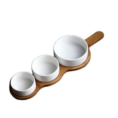 China Sustainable Ceramic Snack Dish Set 3 With Bamboo Dish For Party And Home Gathering for sale