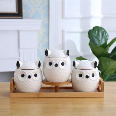 China Sustainable Owl Ceramic Seasoning Set 3 Large Size With Rack Bamboo Kitchenware for sale