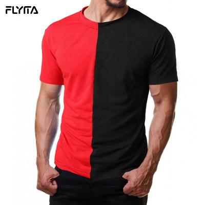 China Custom Men's Red Half Split Two Tone T-shirt Fashion Half Black Cotton Half Anti-Wrinkle Casual Loose Fit T-shirt Embroidery for sale