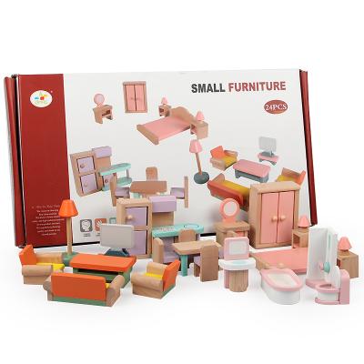 China 24pcs Girls Wooden Pretend Role Playing Game Kids Dollhouse Furniture Wooden DIY Big Set For Children for sale