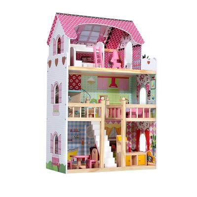 China DIY TOY Hot Sale Wooden Dollhouse With Furniture Big Size Dollhouse Toys For Children Pink Villa Large Set for sale